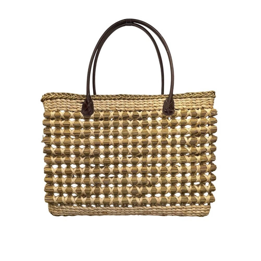 Braided Straw Women’s Beige Tote Bag With Dark Brown Handles Open Weave Style